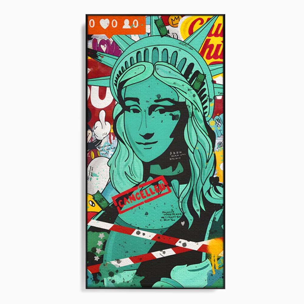 Tablou canvas cu tablou canvas cu statuia libertatii in stil grafitti, in rama de aluminiu negru